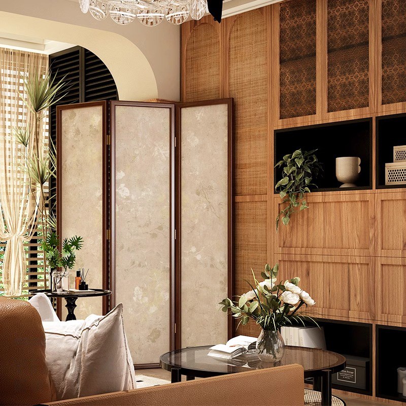 法式中古风屏风隔断客厅沙发背景可折叠移动遮挡实木小花折叠屏风