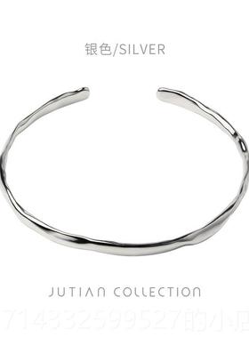 高档J不UTIAN冷S淡风金色925纯银手镯女简约规则凸面凹个性银手环