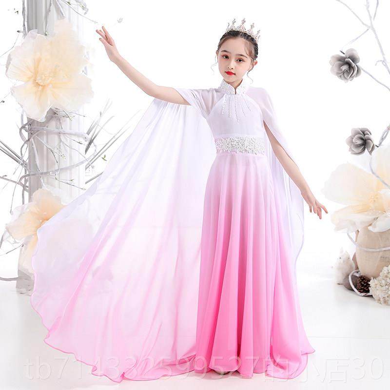 高档女童筝演出服中国风合唱童团古服装女童走秀尾晚拖礼服儿中式