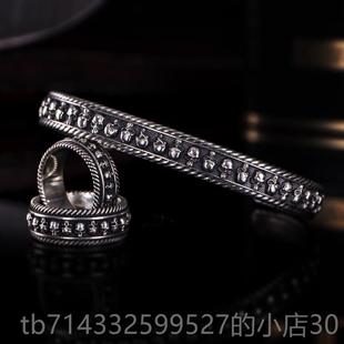 高档LCAN伏尔甘骷髅手镯男纯银网红V机车流行哈雷欧美U工骷髅手银