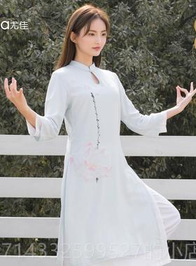 高档优佳女士瑜伽服装春夏国风门棉白色瑜伽中太极冥麻想冥想服装