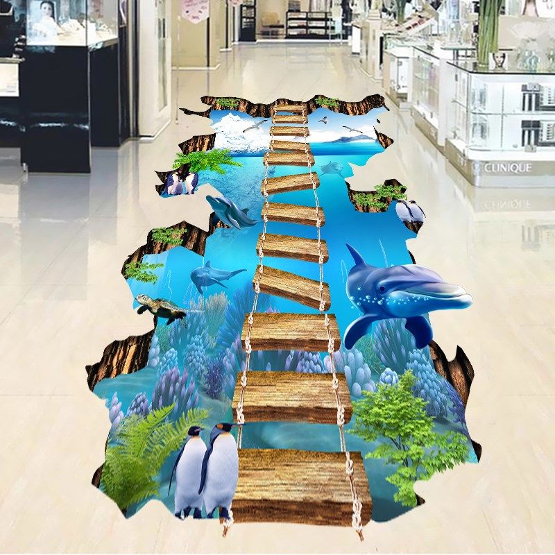 地画蓝天瀑布木桥立体3D墙贴防水地板贴儿童房卧室客厅墙贴贴画
