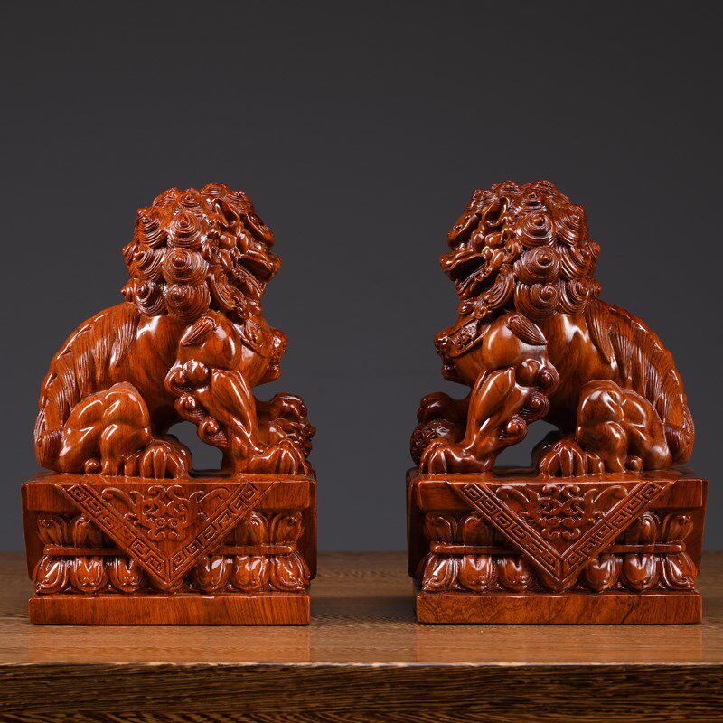 花梨木雕刻狮子一对黑檀木狮摆件家居办公室装饰工艺品开业送礼