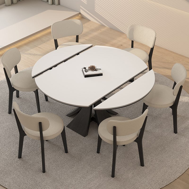 德利丰实木岩板餐桌可伸缩家用法式奶油风小户型方圆两用可变圆桌