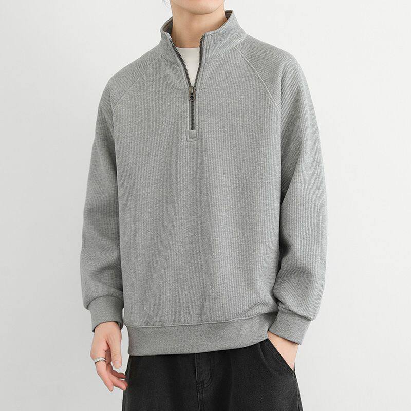 （高品质）春秋肌理感半拉链立领卫衣男舒适坑条纹运动潮男外套