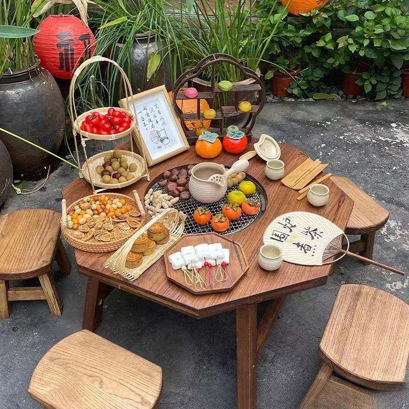 复古老榆木围炉煮茶桌实木八角烧烤火锅桌椅户外便携实木茶台餐桌,电子元器件市场,其它元器件,淘宝优惠券,粉丝福利购,淘宝优惠卷