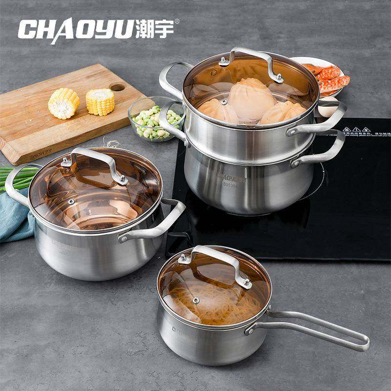 复合多层304不锈钢奶锅多用途钢化玻璃汤锅双耳蒸锅炉灶通用锅具