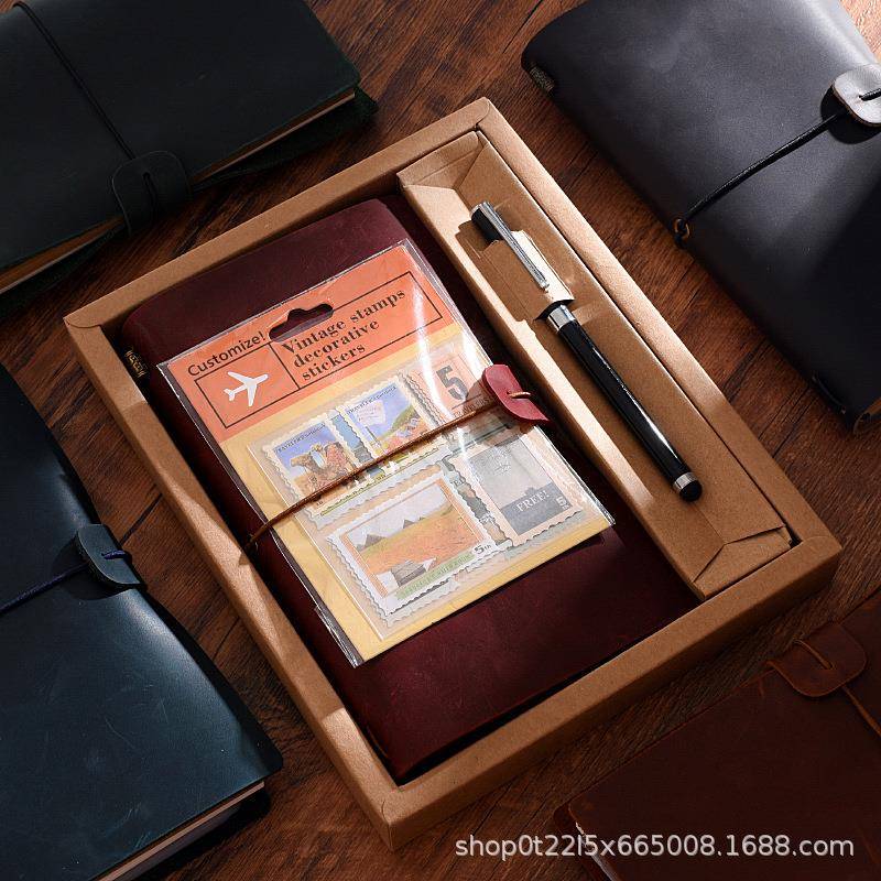 A6笔记本复古活页日记本办公商务简约记事本疯马皮手账本套装现货