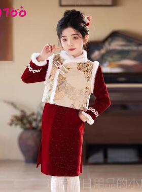 高档女童旗袍加绒长十袖红色儿童岁生日公古主裙服中式筝演出女过