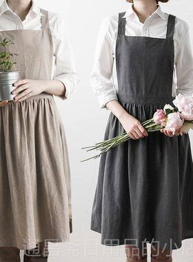 高档式i韩ns法式棉复古文厨房百褶围裙花艺师工作服艺日麻系简约