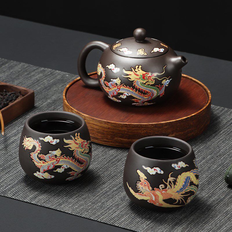 国潮风紫砂茶壶西施壶变色贴花一壶两杯家用宿舍办公室泡茶喝茶