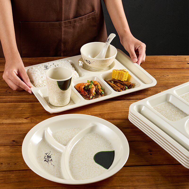 10个装仿瓷分格餐盘商用密胺餐盘饭店食堂快餐店餐盘耐摔分隔餐盘