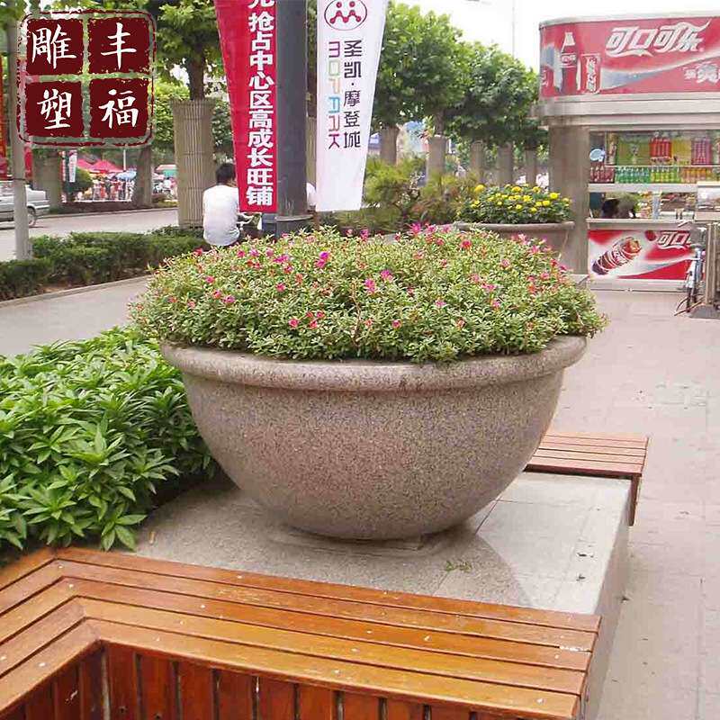 石雕鱼缸花盆厂家 花岗岩雕刻石材广场黄锈石仿古花钵落地摆件