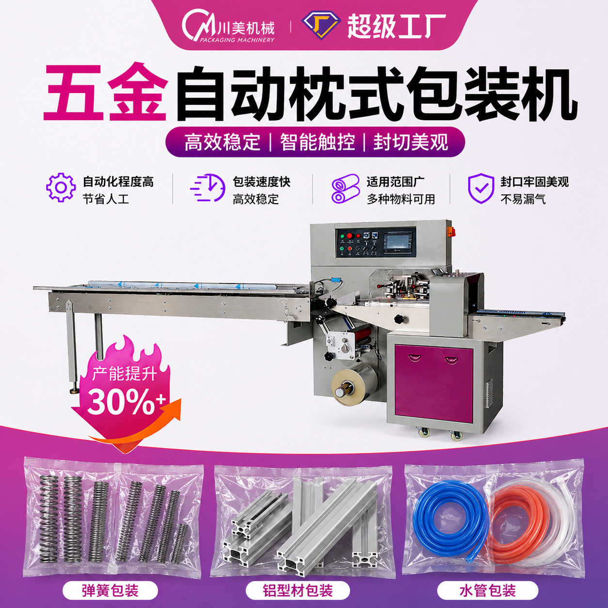 全自动五金包装机小型弹簧铝型材拉手波纹水管自动枕式包装机