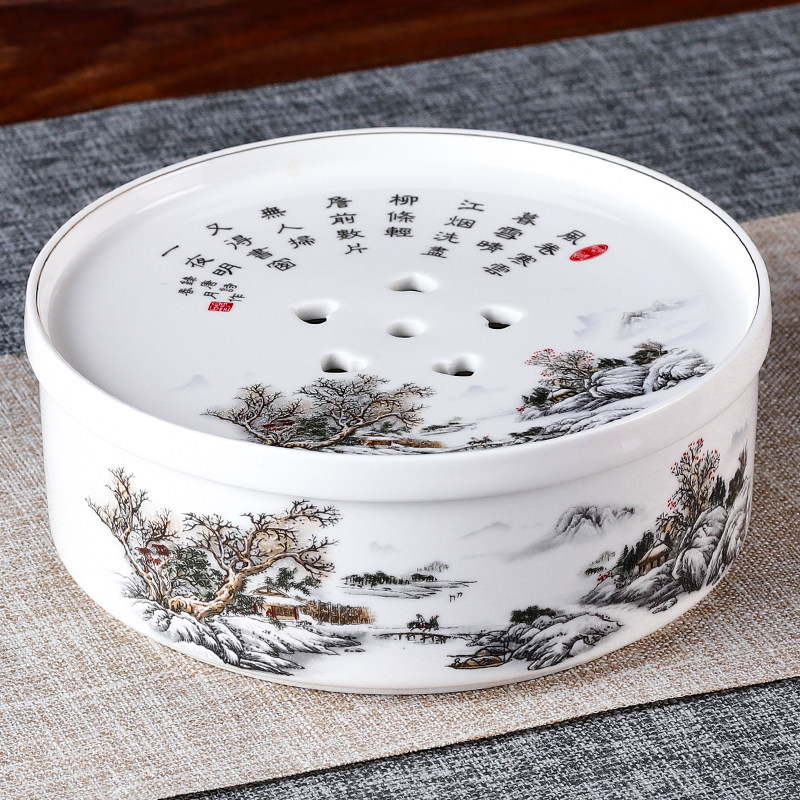 特小号功夫茶盘6英寸茶海袖珍型茶池茶船圆形青花陶瓷茶具储水式