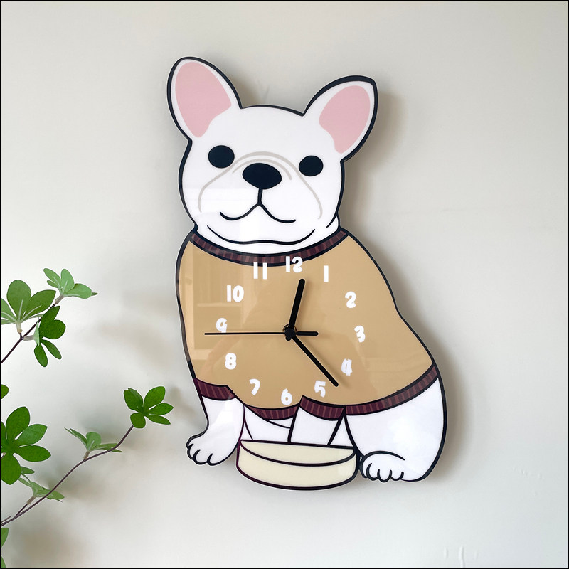 卡通创意法斗狗狗动物装饰挂钟宠物店幼儿园儿童房静音挂墙时钟表