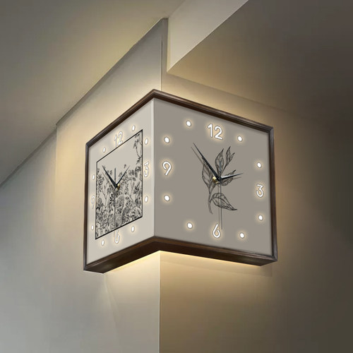 客厅创意时钟壁灯画免打孔双面转角挂钟拐角壁钟表挂墙花卉阳角钟