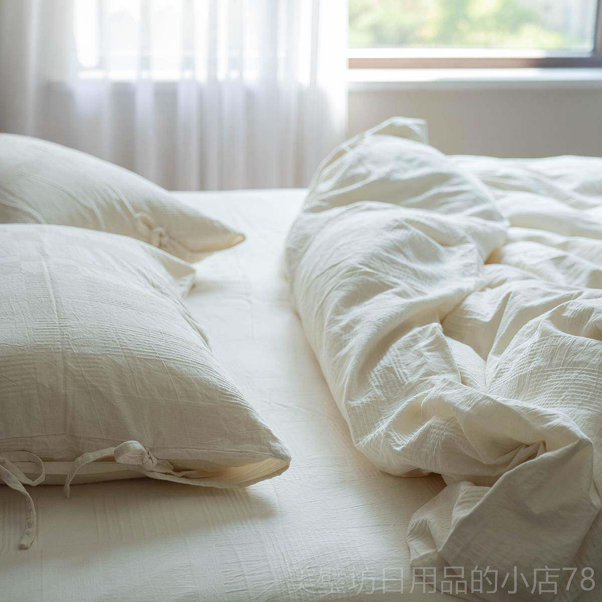 高档A裸类日式水洗全棉四件套性宿纯白色酒店被套床单睡床民个上