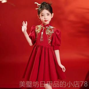 高档女童中国风中式服裙子儿童宝宝夏新服款时尚红色演出季连衣礼