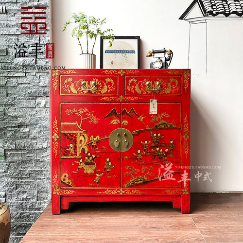 复古玄关柜酒店茶水柜现代中式彩绘创意门厅柜隔断新古典装饰酒柜