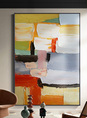 大芬村油画手绘奶油风客厅装饰画抽象肌理玄关过道挂画橙色落地画
