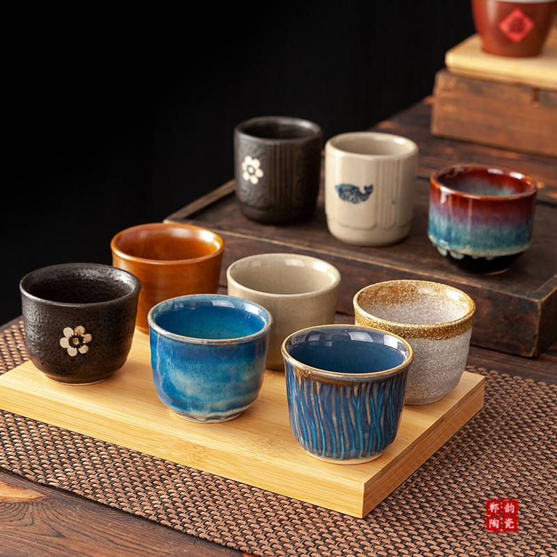 复古中式无把小茶杯10个装商用粗陶直身古朴陶瓷办公室茶具酒杯