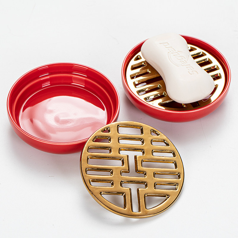 结婚肥皂盒创意陶瓷香皂盒喜庆圆形香皂碟婚庆礼用品陪嫁红色一对