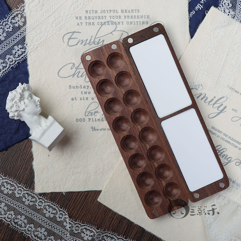 水彩颜料盒调色盒胡桃木盒15色24色 美甲颜料盒文艺摆拍道具便携