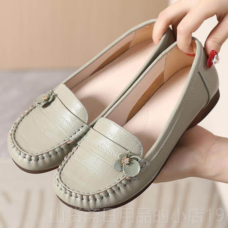 高档真皮底妈妈鞋20年新款豆豆5鞋平底单鞋舒适软皮鞋2不累软脚女