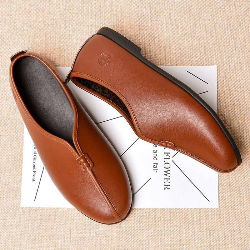 高档老北京鞋男士圆口布休子闲皮鞋软底夏爸爸鞋春季真皮透气老头