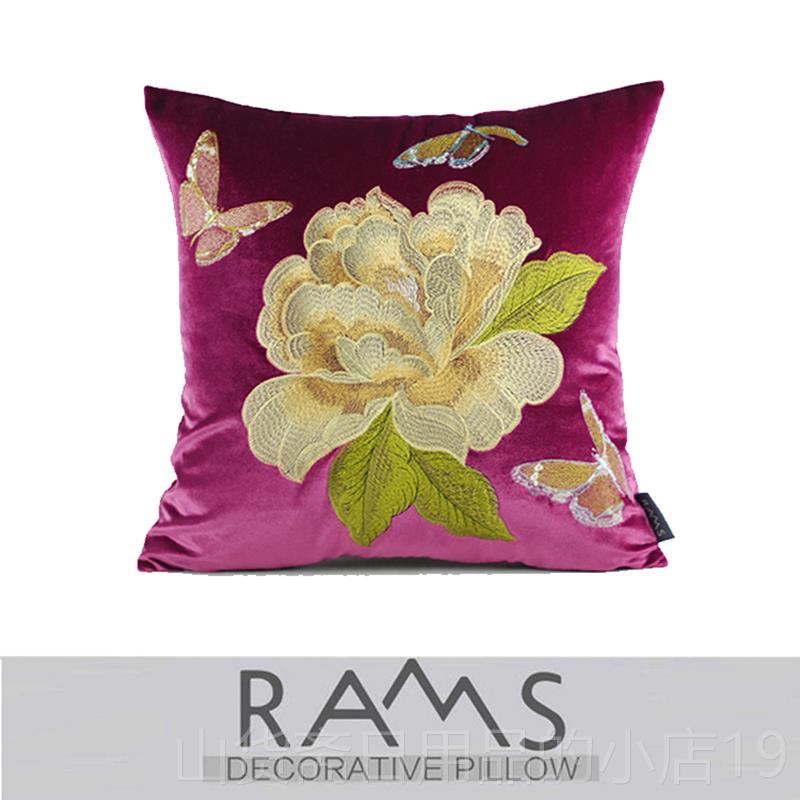 高档新型中国风沙发垫花枕套中国样板房风枕头头床方枕白色牡丹绣