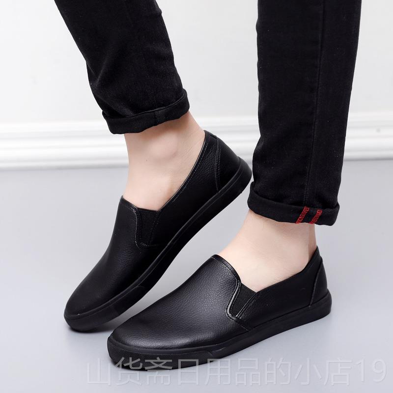 高档新蹬品黑色防皮面乐福鞋英伦休潮闲软皮鞋懒人鞋一脚帆布男水