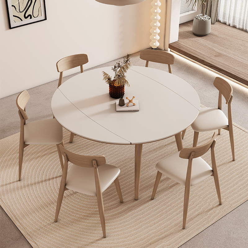 奶油风实木岩板折叠伸缩餐桌可变圆桌家用小户型原木色方圆两用桌