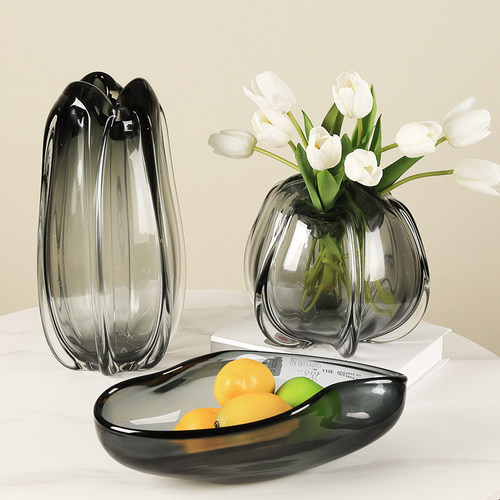 花朵造型加厚琉璃玻璃花瓶花器摆件餐桌样板房客厅电视柜极简摆设