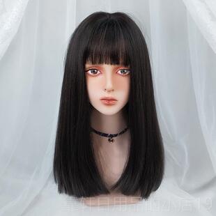 正品一刀假发女锁发中长发然漫画刘海网红黑骨色JK长直自全头切套