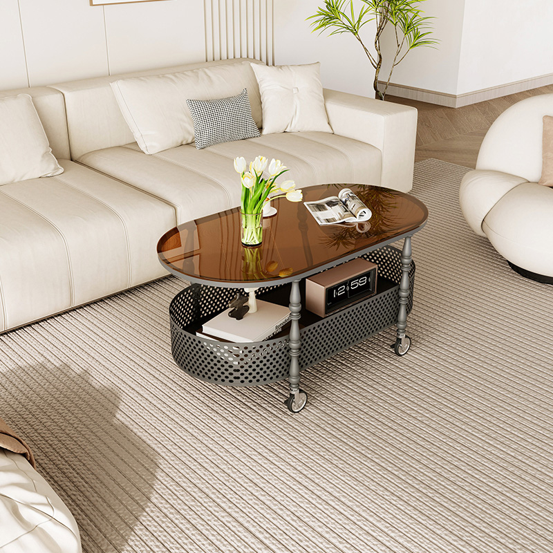 移动茶几客厅家用高级感小户型铁艺创意简约现代高级钢化玻璃茶桌