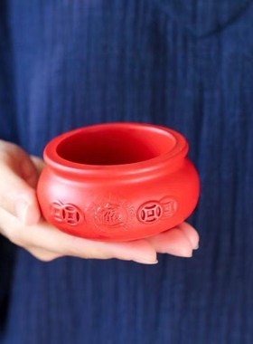 红朱砂聚宝盆摆件红色聚宝盆朱砂开运装饰品摆设放钱礼品