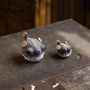 宜兴紫砂茶宠 精品茶宠可爱可养茶玩盖置摆件 可爱河豚香插摆件