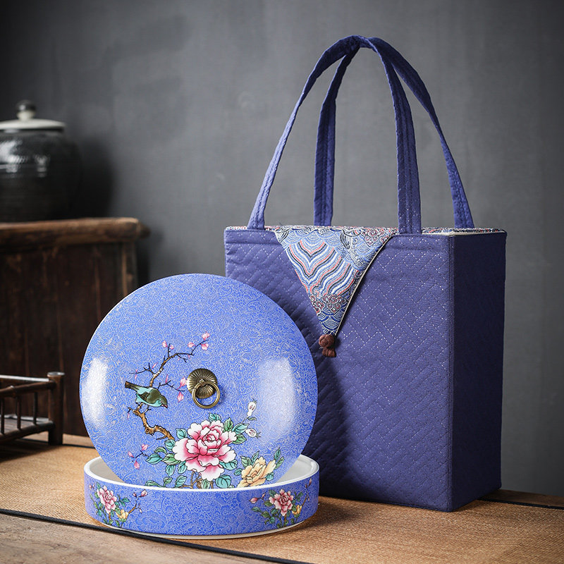 珐琅彩普洱茶叶包装盒高档陶瓷大号茶罐357克福鼎白茶空盒礼品袋