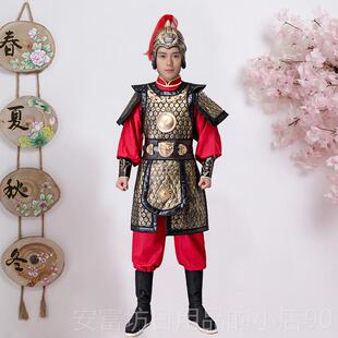 正品古装男款古军代盔甲将大帅将戏服飞演出服装金色铠岳甲披大风