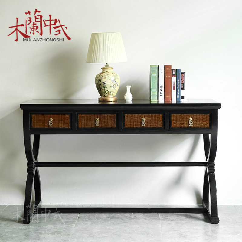 新款简约老榆木书桌东南亚风格卧室客厅长桌实木交叉腿电脑桌办公