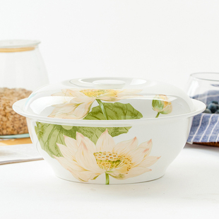 唐山骨瓷9英寸带盖圆形汤盆品锅陶瓷餐具创意大号家用瓷盖大汤碗