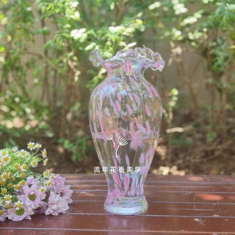 中古风芬顿褶皱花边口粉点洒金纯手工大肚玻璃花瓶水养插花器摆件,家居饰品,花瓶,淘宝优惠券,粉丝福利购,淘宝优惠卷