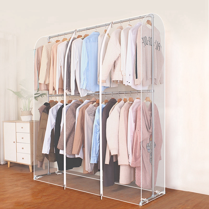 加高衣帽架简易双层落地晾衣架遮盖罩子防尘罩防尘套盖布透明塑料