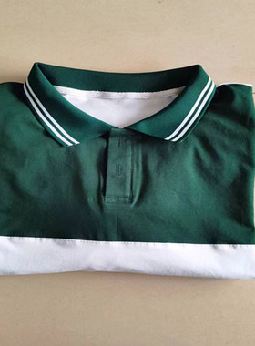 新款休闲翻领白色拼接墨绿色纯棉夏季中小学生短袖校服班服可定做