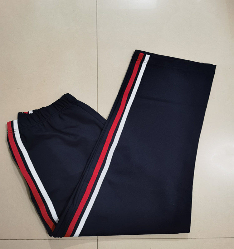 定做春秋款小学生中性校服裤 运动裤两道杠校服裤 红条加白条