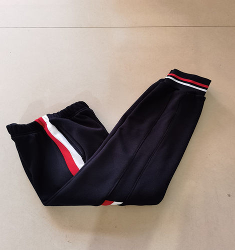 深蓝色拼接橘半截红白杠束脚校服裤