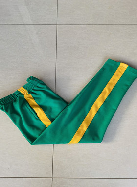 春秋季新款中小学生绿色拼接宽黄杠休闲运动裤宽松直筒校服长裤子