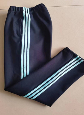 定制中小学生春秋新款深蓝色拼接三道浅蓝杠休闲宽松直筒休闲校服