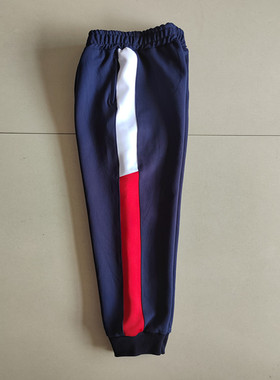 新款中小学生春秋深蓝色宽半截红白杠宽松中腰束脚运动校服长裤子